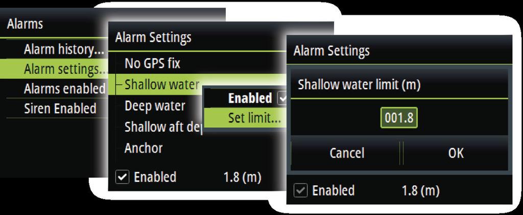 Press the Enter key to enable/disable the alarm Press the MENU key to show the menu from where you can access the alarm