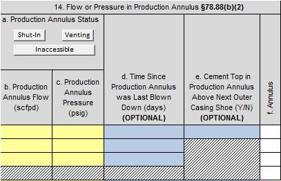 quarter of the current year. a. Primary Production Gas Pressure (psig) (cell/box 13a.): 20 b. Produced Annular Gas Pressure(psig) (cell/box 13b.): N/A c. Shoe Test Pressure (psig) (cell/box 13c.