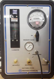 High or Low pressure air supply and follow Helmet Test Panel user instruction. 1. Air Pressure Indicator / manometer 3. Air supply valve on/off 5. Primary breathing air connection 7.