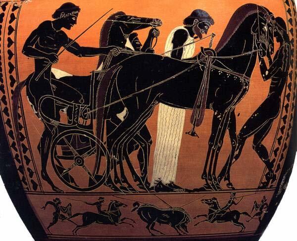 Vase painting showing a four-horse chariot prepared for competition.
