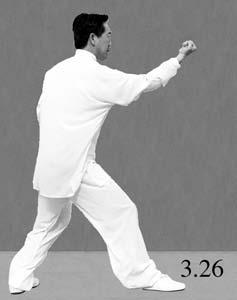 25) ACTION 2: Take a long step forward with the right foot and follow in a half-step with the left foot. Drill the right fist up and forward to nose height, ulnar edge rotated up.