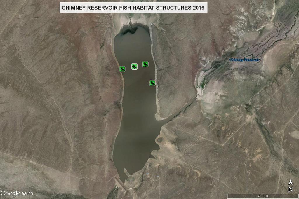 A total of 16 structures were placed at four locations in Chimney Reservoir on June 2 and 21, 216. Each location was near the low water mark that has been observed over the last four years.
