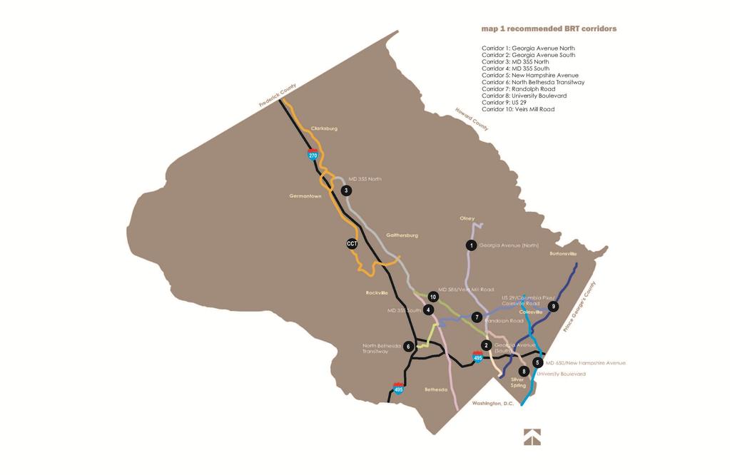 Map 1 Recommended BRT Corridors Corridor 1: Georgia North Corridor 2: Georgia South Corridor 3: MD 355 North Corridor 4: MD 355 South Corridor 5: New Hampshire Corridor