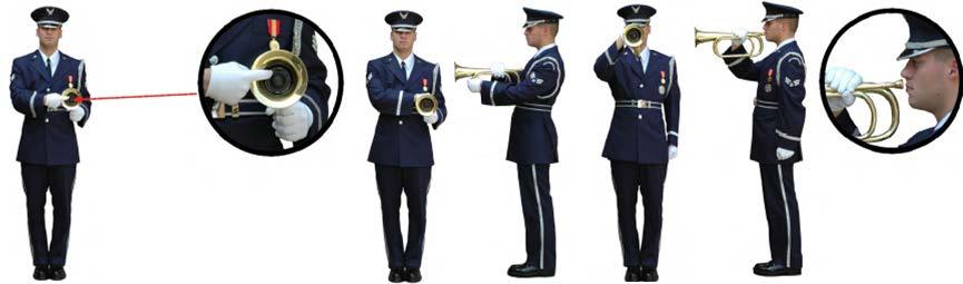 During that time the Bugler will take the ceremonial bugle with the right hand and bring the instrument near their lips. Pin the left hand during the duration of Taps.