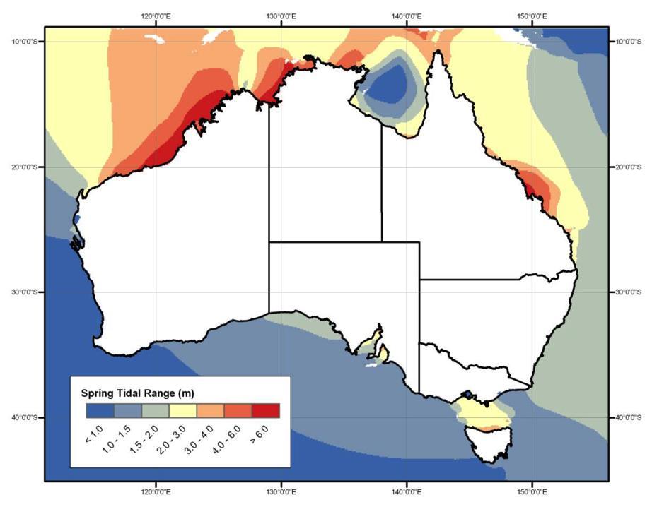 Figure 10: Map of spring tidal range around the Australian coast. Source: Commonwealth of Australia 2016, Bureau of Meteorology.