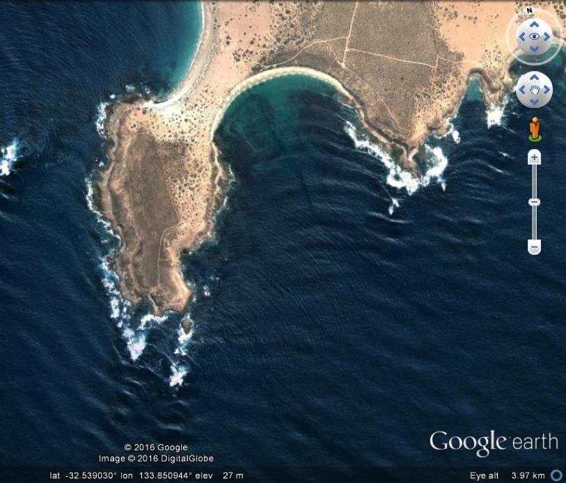 Figure 3: Photograph of the Eyre Peninsula coast, South Australia, to show wave refraction and diffraction.