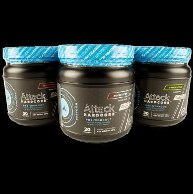 Attack Hardcore $49.99 Available in 3 amazing flavors: FRUIT PUNCH GREEN APPLE ROCKET POP Top Trainer Attack Hardcore is pre-workout designed for the athlete and bodybuilder.