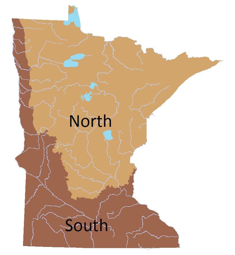 Geographic Region: The FIBI stream typology framework divides Minnesota into two regions (North and South).
