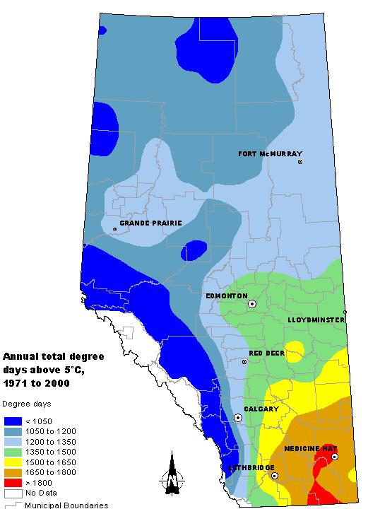 Figure 8. Annual total growing degree days above 5 C, 1971 to 2000, for the province of Alberta. Data from Environment Canada, Alberta Environment, and the U.S. National Climate Data Centre.