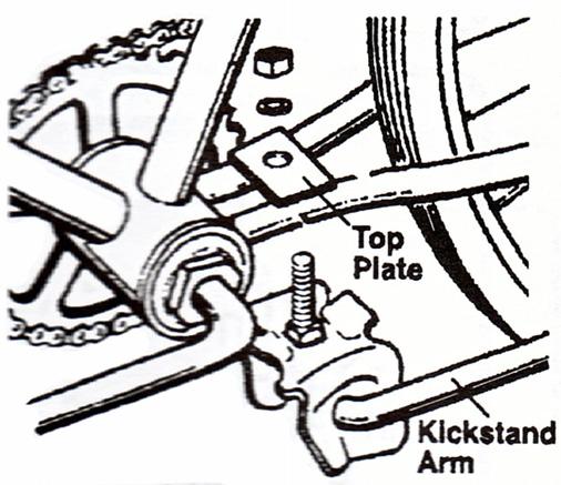 TYPE 2B - NOTE: YOUR KICKSTAND MAY BE PREASSEMLED AT THE FACTORY. IF SO, PLEASE PROCEED TO STEP 4. 1. Place the bicycle in an upright position. 2. Remove the top plate from the kickstand. 3.