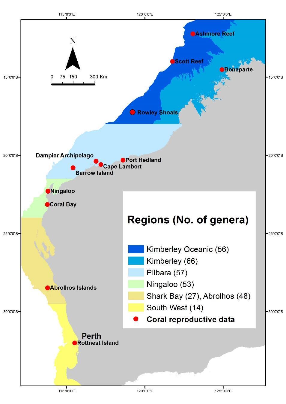 Figure 1. Regions in which the composition of coral reefs and the proposed patterns of coral reproduction differ most significantly across Western Australia.