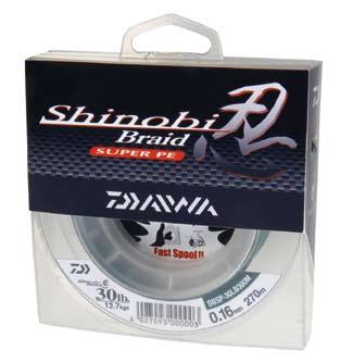 SHINOBI BRAID DAIWA proudly presents this high-quality, tight round braided line for fresh and salt water usage. This line is completely manufactured in Japan and fully consists of Dyneema fibers.