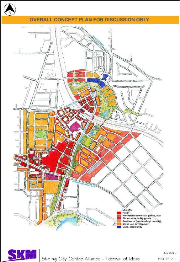 Stirling City A Second CBD > A city with 30,000 employees and 30,000 residents > On rail line - 8 minutes from Perth > A major freeway has been removed from Region Scheme and is being replaced with