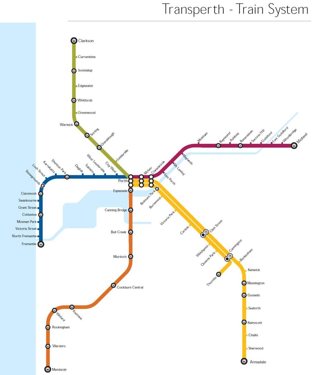 Perth Hub of Transport Network > 5 rail lines > Numerous bus services > Good