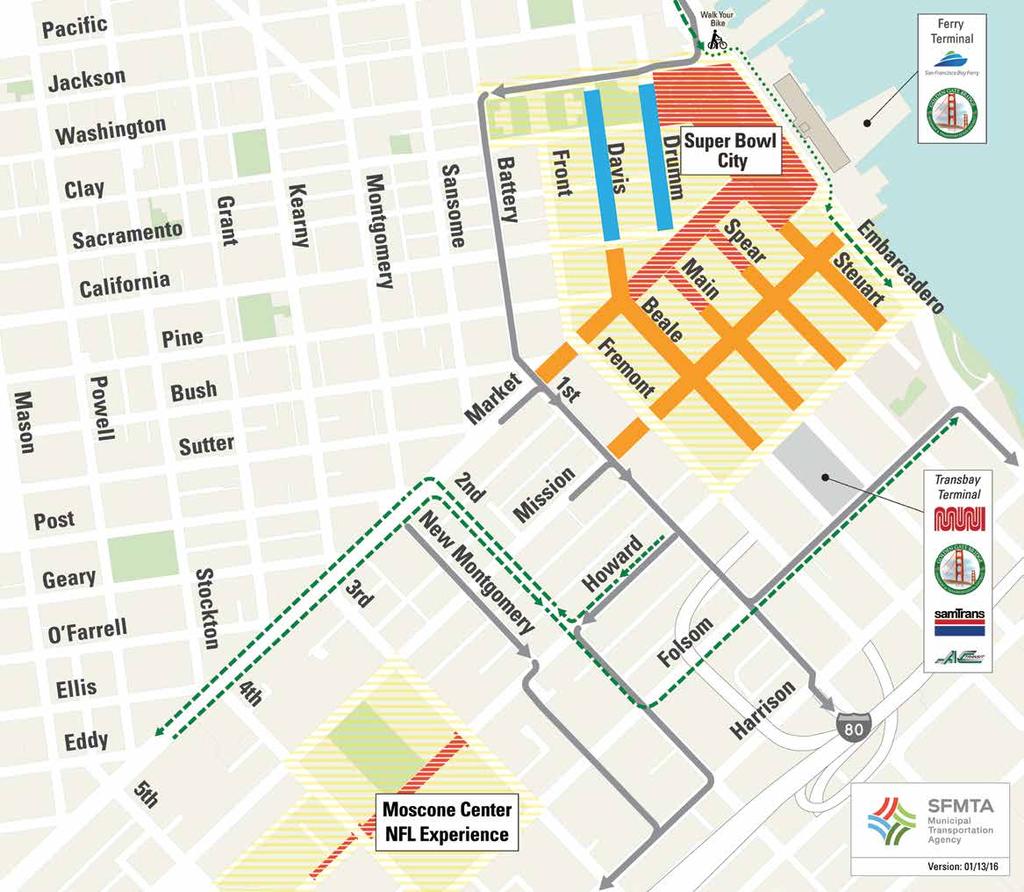 Super Bowl 50 Bike and Auto Detours Below are the auto detours around Super Bowl City and the NFL Experience. Expect heavy congestion along these streets and allow for more driving time than usual.
