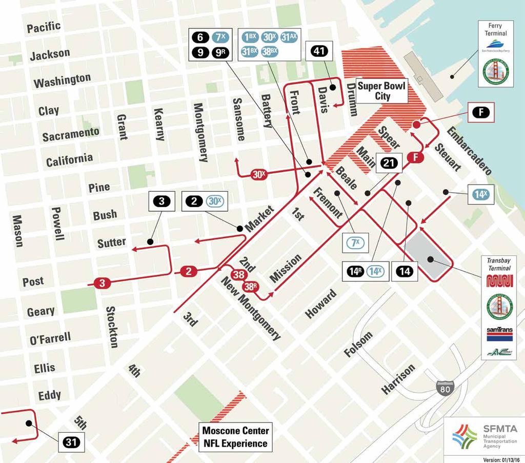 GETTING AROUND BY TRANSIT The F-Market/Wharves line will operate with streetcars on the Embarcadero between Fisherman s Wharf and Don Chee Way at Steuart Street across from the Ferry Building, and