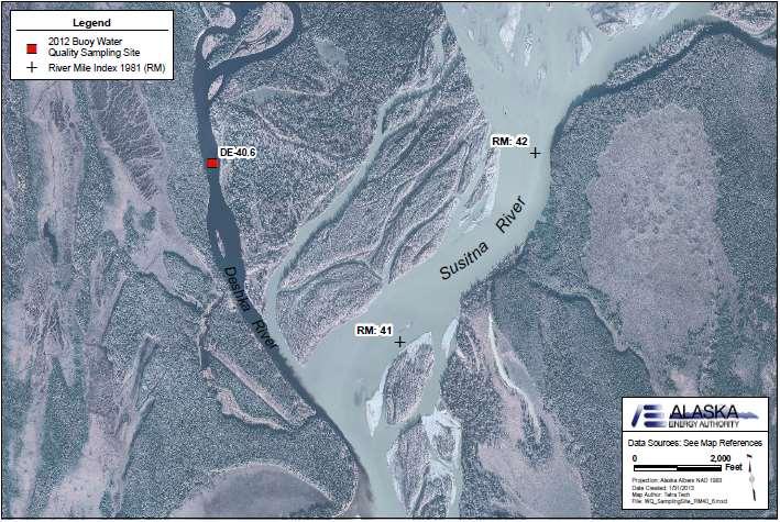RM 40.6 Deshka River (DE-40.6) NAD 83 Coordinates: 61.70949 N, 150.32486 W 2012 temperature sampling site (Map of Site RM 40.