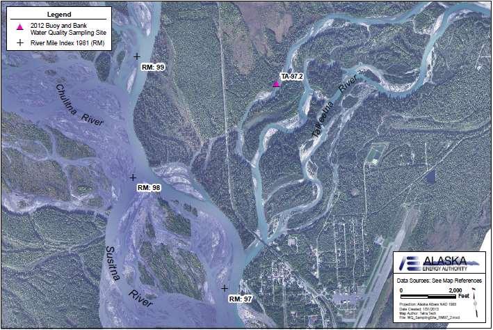 RM 97.2 Talkeenta River (TA 97.2) NAD 83 Coordinates: 62.34241068 N, 150.11216742 W 2012 temperature sampling site (Map of Site 97.