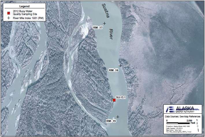 RM 15.1 Susitna above Alexander Creek (SU-15.1) NAD 83 Coordinates: 61.43909 N, 150.48512 W 2012 temperature sampling site (Map of Site 15.