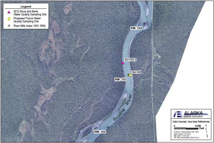 RM 103.3 Susitna River at Talkeetna (SU-103.3) NAD 83 Coordinates: 62.39724 N, 150.13728 W 2012 temperature sampling site (Map of Site 103.