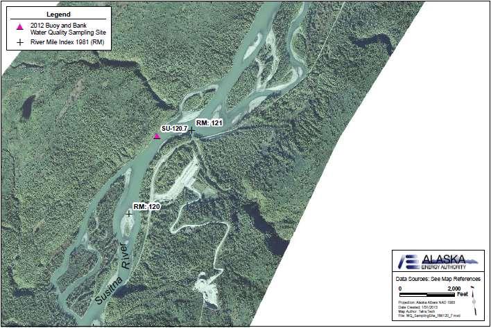 RM 120.7 Curry Fishwheel Camp (SU-120.7) NAD 83 Coordinates: 62.61782355 N, 150.01364945 W 2012 temperature sampling site (Map of Site 120.