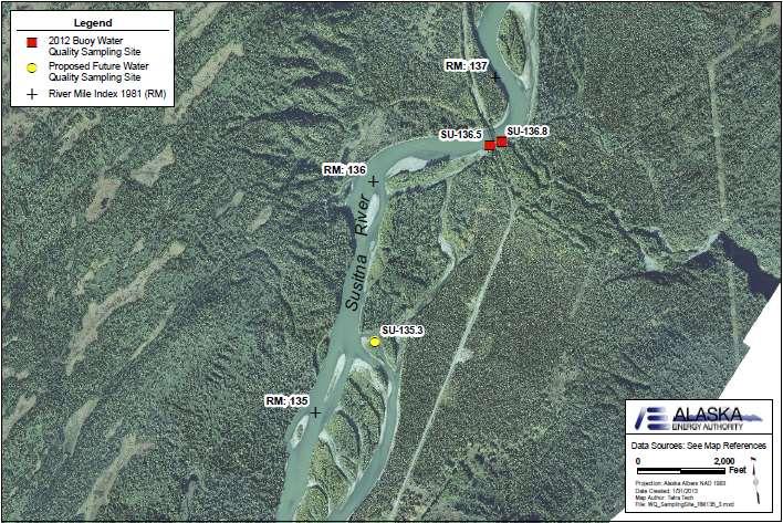 RM 136.5 Susitna near Gold Creek (SU-136.5) NAD 83 Coordinates: 62.76737 N, 149.69351 W 2012 temperature sampling site (Map of Site 136.