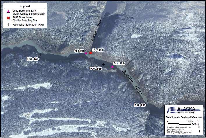 RM 148.8 Susitna River above Portage Creek (SU-148.8) NAD 83 Coordinates: 62.82672924 N, 149.36932954 W 2012 temperature sampling site (Map of Site 148.
