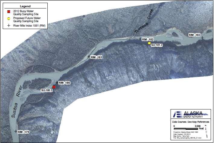 RM 180.3 Susitna below Tsusena Creek (SU-180.3) NAD 83 Coordinates: 62.8134 N, 148.6568 W 2012 temperature sampling site (Map of Site 180.