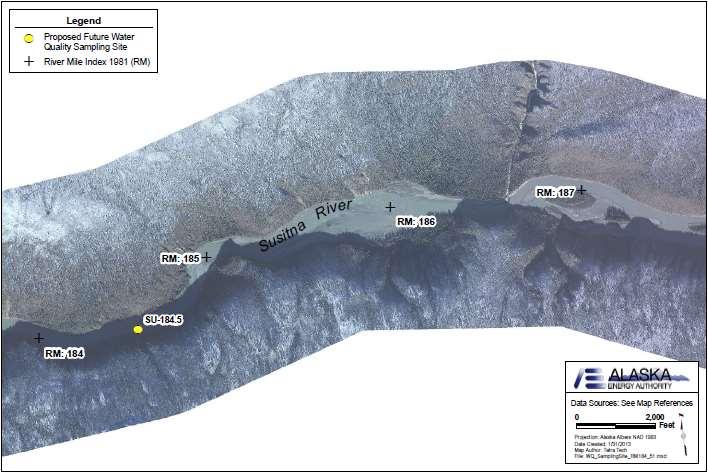 RM 184.5 Susitna at Watana Dam Site (SU-184.5) NAD 83 Coordinates: 62.8226 N, 148.533 W 2012 temperature sampling site (Map of Site 184.