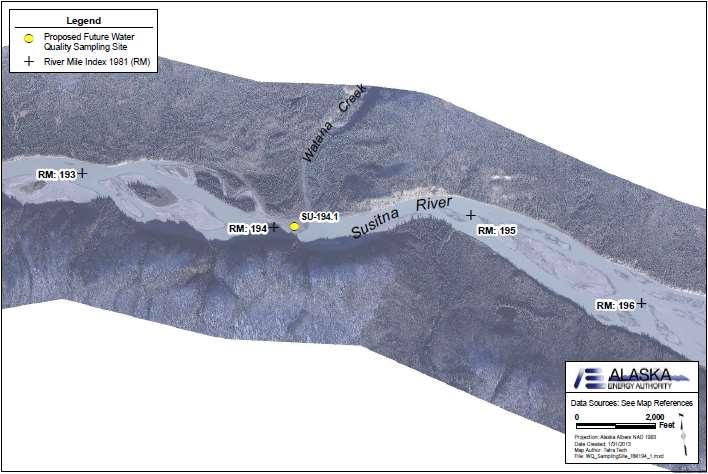 RM 194.1 Watana Creek (SU-194.1) NAD 83 Coordinates: 62.8296 N, 148.259 W 2012 temperature sampling site (Map of Site 194.