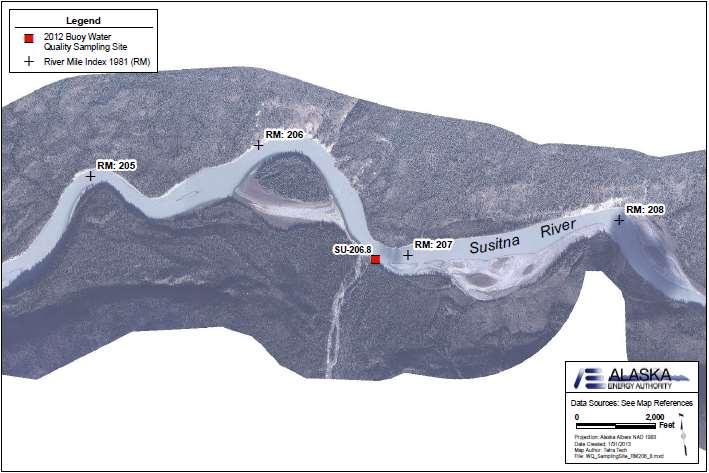 RM 206.8 Kosina Creek (SU-206.8) NAD 83 Coordinates: 62.7822 N, 147.94 W 2012 temperature sampling site (Map of Site 206.