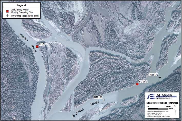RM 29.5 Susitna above Yentna River (SU-29.5) NAD 83 Coordinates: 61.57597 N, 150.42702 W 2012 temperature sampling site (Map of Site 29.