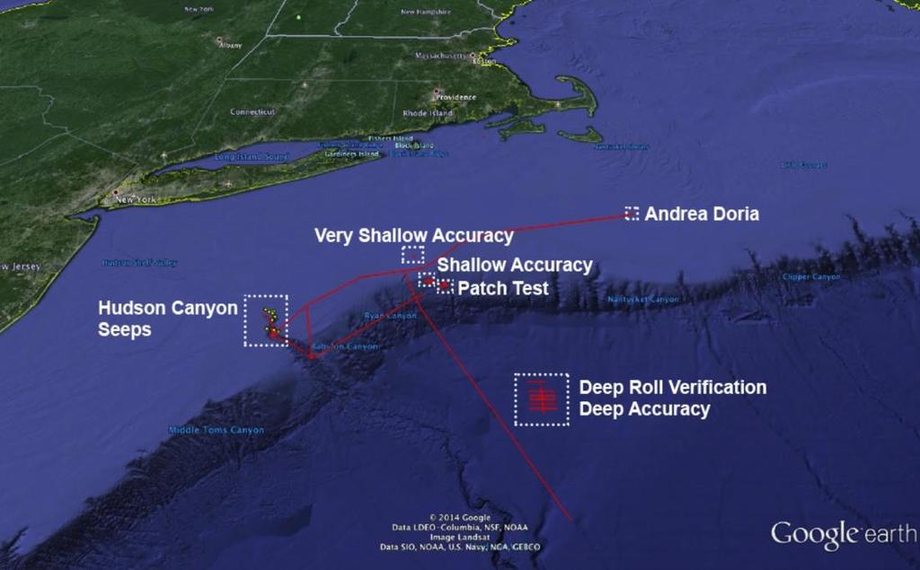 Figure 1: R/V Sikuliaq's Shipboard Acceptance Test sites. Red line shows planned surveys.