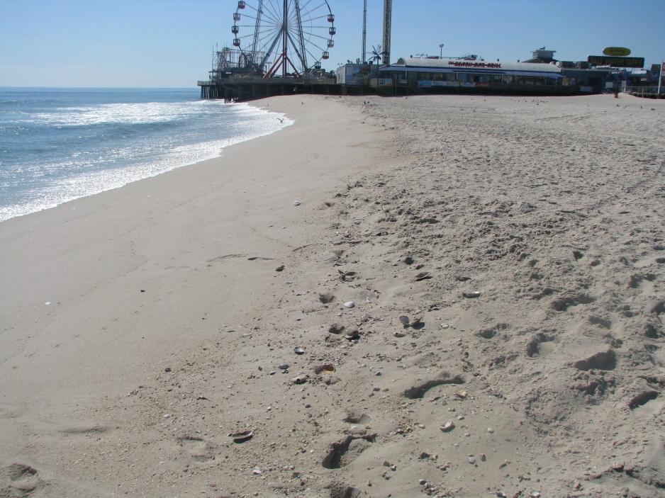 Located between major amusement piers, the beach is fairly wide with no dune at the boardwalk due to intense recreational use. Photo taken October 1, 2010. View to the south.