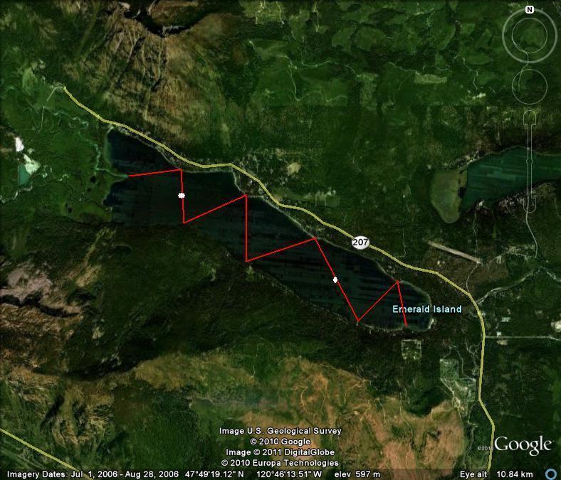 Figure 1: Google Earth map of Lake Wenatchee showing acoustic
