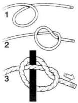 Marlin Spike Hitch: A temporary knot for securing a mooring line to a post, or for dragging over the top of an upright peg.