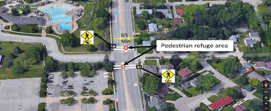 recommended. In addition, pedestrian warning signs are recommended on both approaches to the crosswalk. Figure E-34 illustrates and example of the suggested improvements.