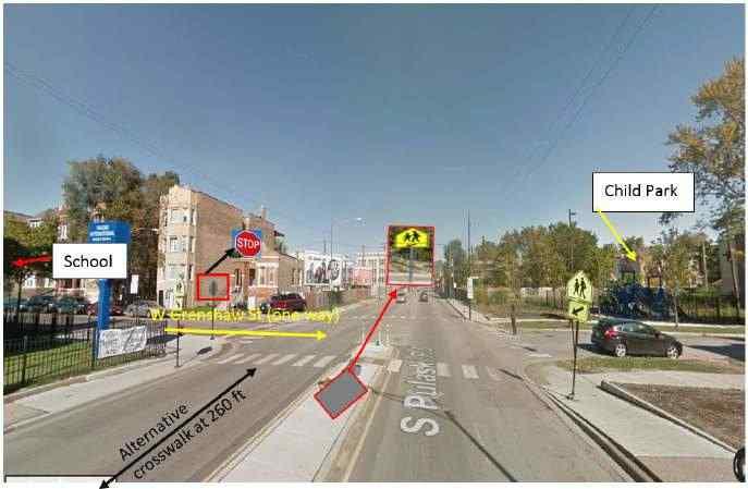 Figure E-65. Existing stop control on minor street- with median at the intersection of S. Pulaski Rd. and W. Grenshaw St. Figure E-66.