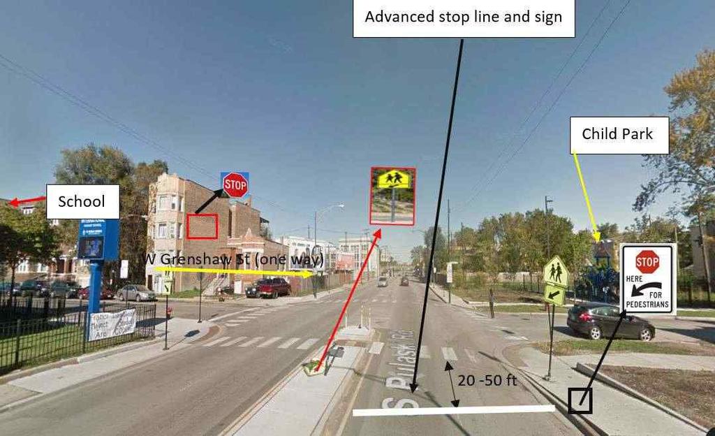 Figure E-71. Refuge island with warning sign and advanced stop line (four lane roads). E.3.4. West North Ave. (N. Austin Blvd. to N. Laramie Ave.