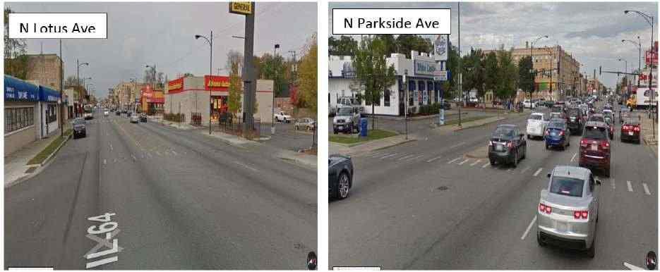 Figure E-77. Example of crosswalk markings at the intersections of W. North Ave. and N. Lotus Ave. and N. Parkside Ave. Crosswalk ramps need improvement at the intersection with N. Mayfield Ave.