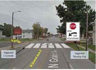 Use pedestrian signs for encouraging pedestrians to use only the crosswalks for crossing (Figure E- 97).
