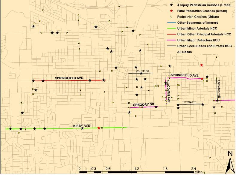 Figure 26. A sample map depicting high-crash segments in Champaign County, Illinois.