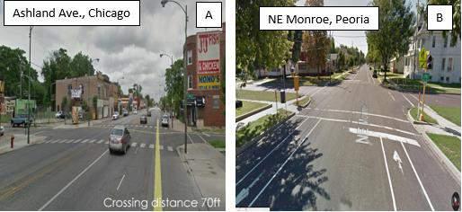 (a) Wide crossing distance with no median; (b) parking lane increasing the crossing distance. 5.3.