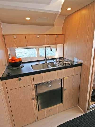 SUPERB BUILD A compact, but well-equipped galley (above) and a bathroom (right) complete with hot water shower feature below deck.