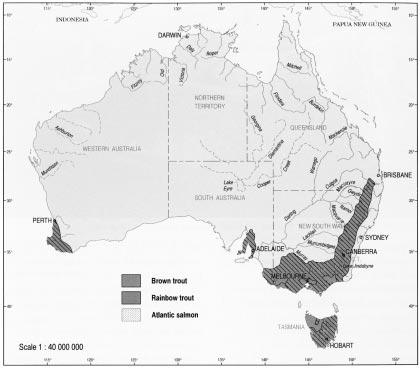 Figure 3: Geographic distribution of brown trout, rainbow trout and Atlantic salmon in Australian waters Source: Kailola et al.
