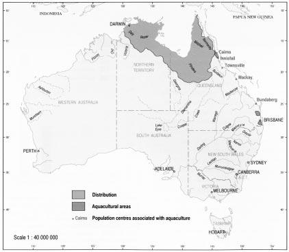 Figure 16: Natural distribution of redclaw in Australian inland waters and centres of aquaculture production in Queensland Source: Kailola et al.