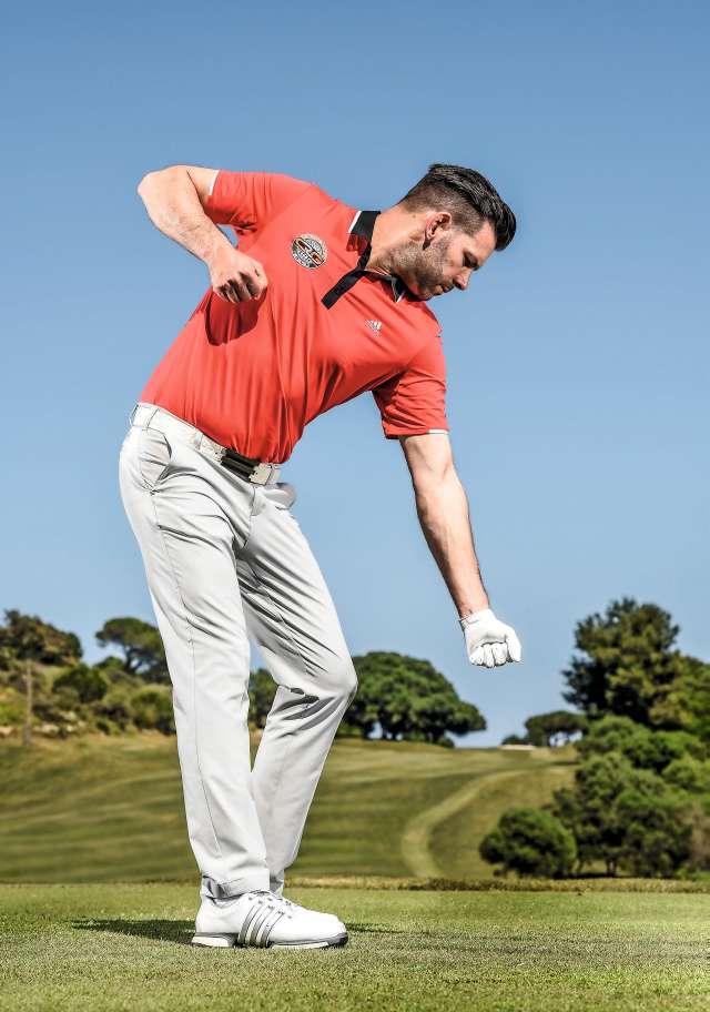 Drop your trail shoulder til the handle hits your lead leg. That sets up the ideal setup spine angle.