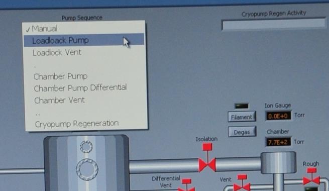 Select loadlock pumpdown in Pump Sequence Window and wait for the load lock chamber ion gauge to reach 2.0 x 10-6 Torr.