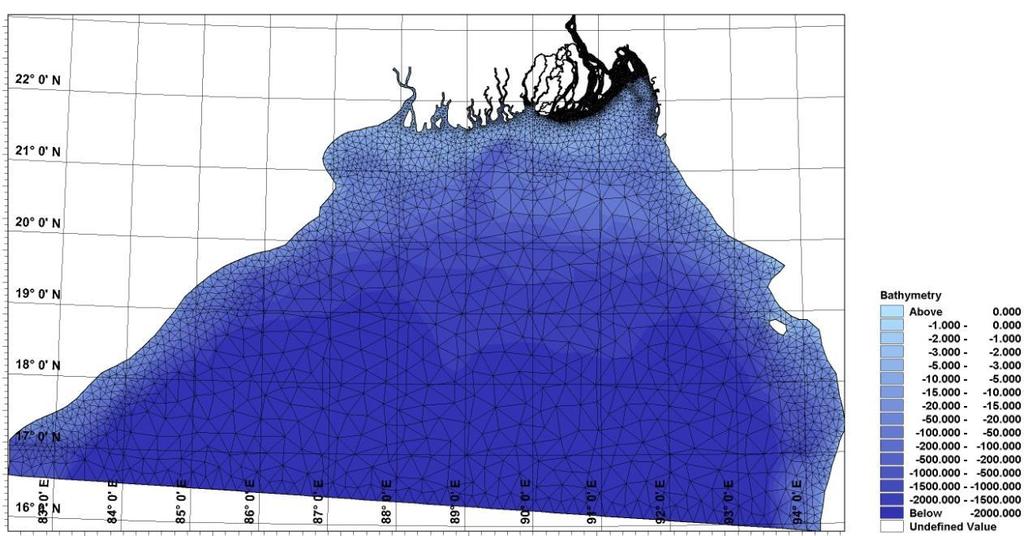 Fig 2: Bathymetry of the Bay of Bengal Model