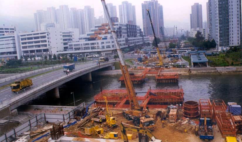 Close-up view of the Siu Lek Yuen River channel with the cofferdams in place for construction of the